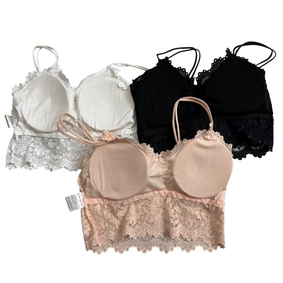 Lace Bralette Set Of 3 White Peach & Black Colors Floral Design Women One Size - Picture 3 of 16